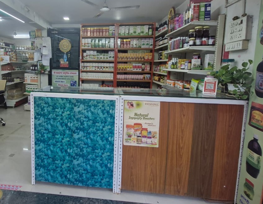 Clinic counter with Ayurvedic products and plants